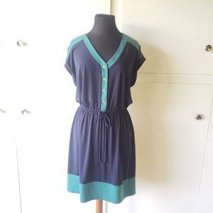 Green Navy Dress Fit Flare Size 12 V Neck Stretch